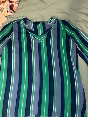Worthington Green and Blue Striped V-Neck Blouse